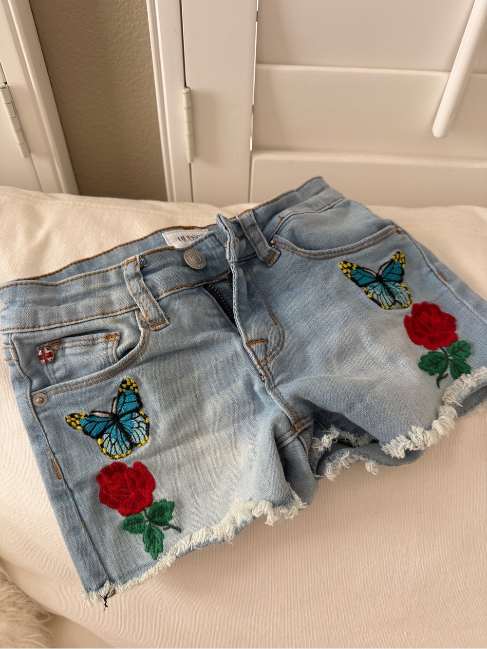 Hudson Jeans Light Blue Denim Shorts with Embroidered Butterflies & Red Roses